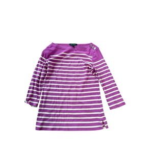 Lauren Ralph Lauren Purple‎ White Striped Boat Neck 3/4 Sleeve Top Medium